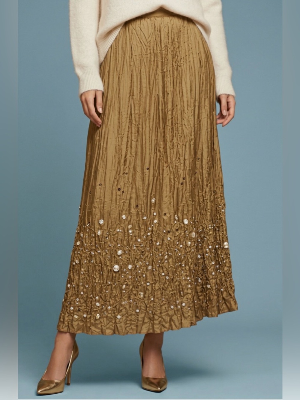 1990s Crinkled Silk Maxi Skirt • Gold Embroidery Beaded Sequin Crescendo